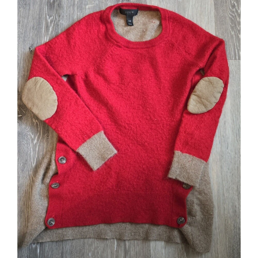 J.Crew Sweater XXS Red Wool‎ Blend Elbow Patch Button Accent Tunic Style